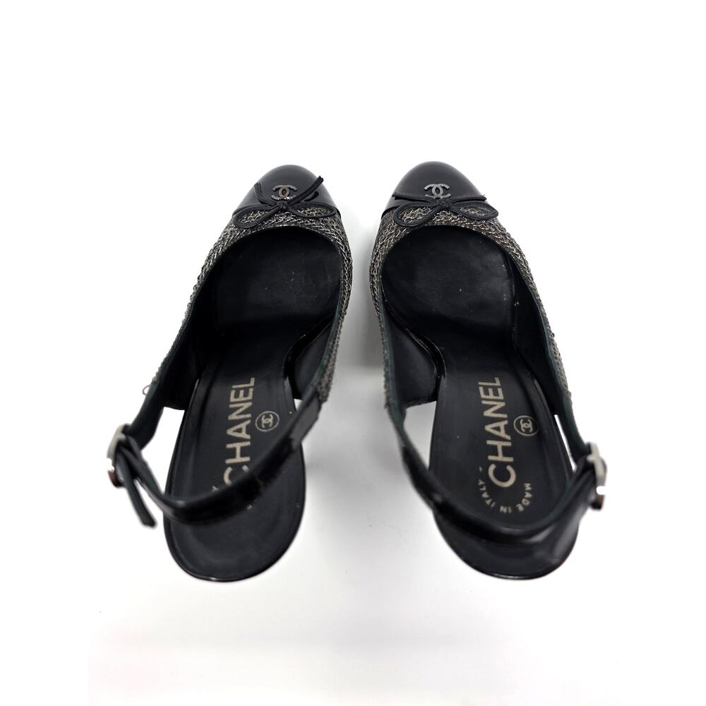 Chanel Slingback Platform Vintage Heels Cap Toe CC Logo Bow Chain Black 36.5 6 - Picture 6 of 10